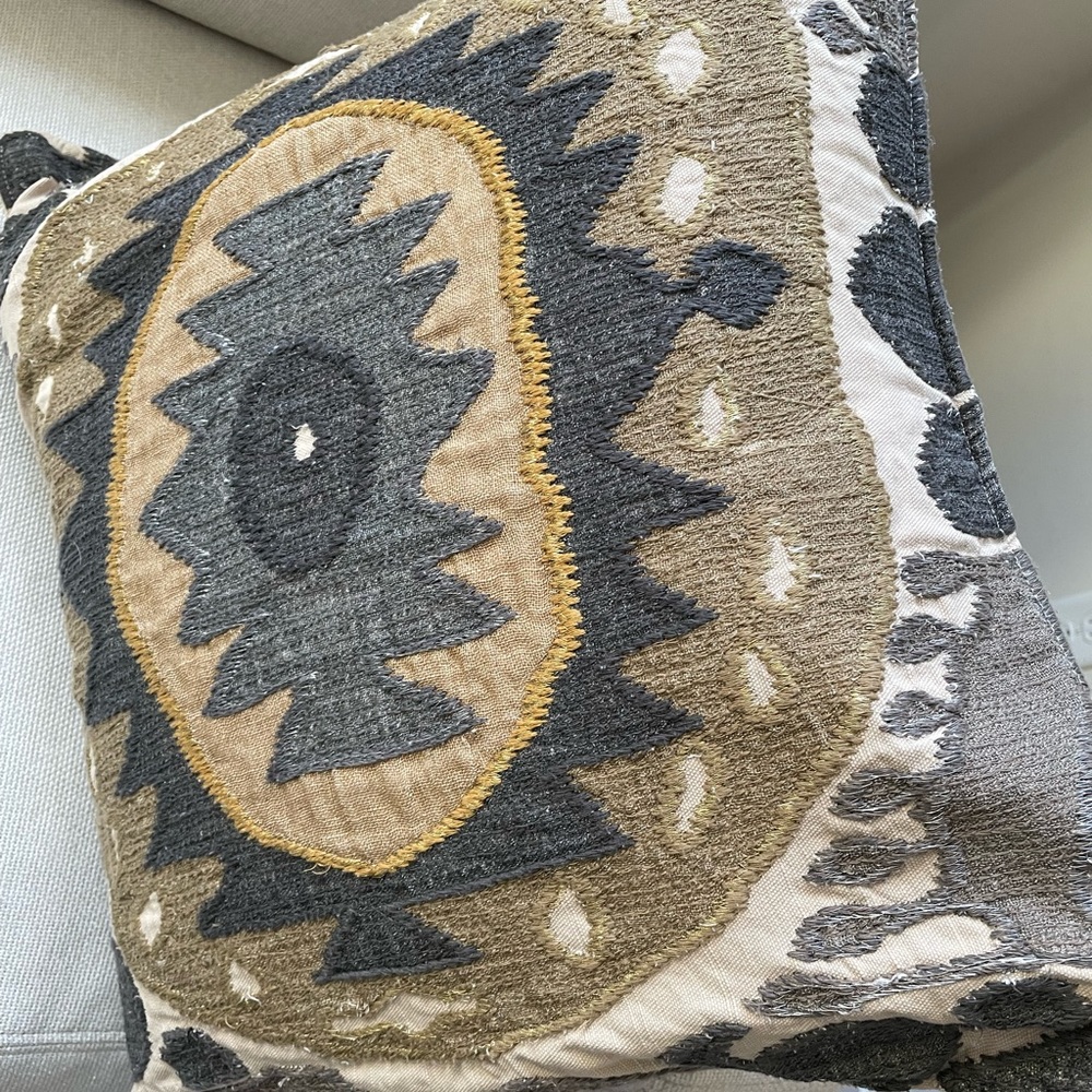 Potterybarn Pillow Cover Mosiac Gold Blue Sage Gray Linen 20 x 20 Home Décor